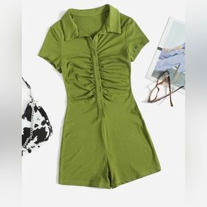 SHEIN Button Placket Ruched Front Rib-knit Solid Romper